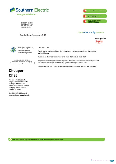 United Kingdom Southern Electric proof of address business utility bill template in Word and PDF formats